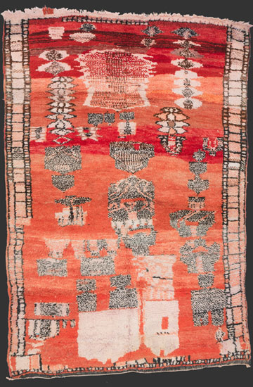 TM 2286, unusually fine pile rug from the region around the city of Boujad, the enigmatic small salt + pepper drawings + the border probably echo motifs cited from urban Rabat carpets ...more