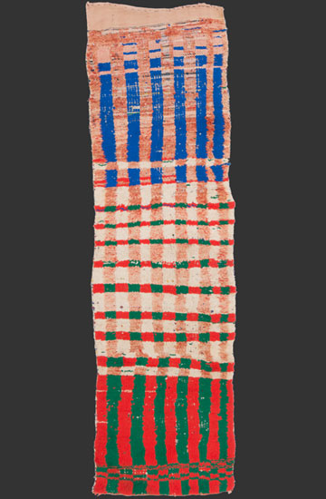 TM 2311, pile rug with a deviated checkerboard design, probably from the Gharb plains east of Rabat, Morocco, wool + industrial yarns, 1980s/90s, 285 x 85 cm / 9' 5'' x 2' 10'' ...more