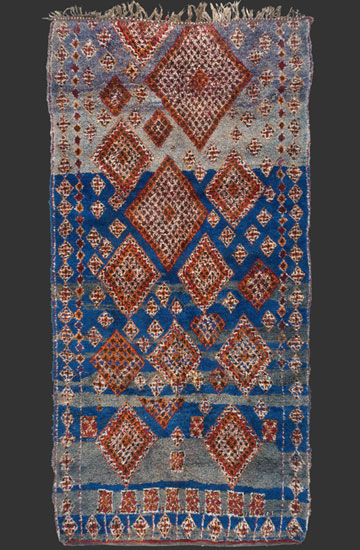 TM 2255, heavy pile rug from the central Middle Atlas, probably Beni Mguild / Guigou valley, with highly unusual drawing + rare blue-grey ground colour, Morocco, 1970s, 395 x 200 cm / 13' x 6' 8'' ...more