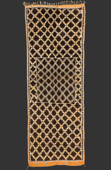 TM 2318, fine + elegant pile rug  with a classical white on black design, a squarish medaillon with diamond raster in a diamond field of different pattern ...more