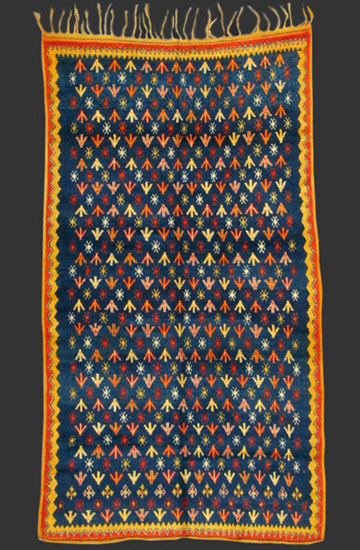 TM 621, extremely fine Ait Ouaouzguite pile rug with rare indigo blue ground, Jebel Siroua region, southern Morocco, 1930s, 240 x 135 cm (8' x 4' 6'') ...more